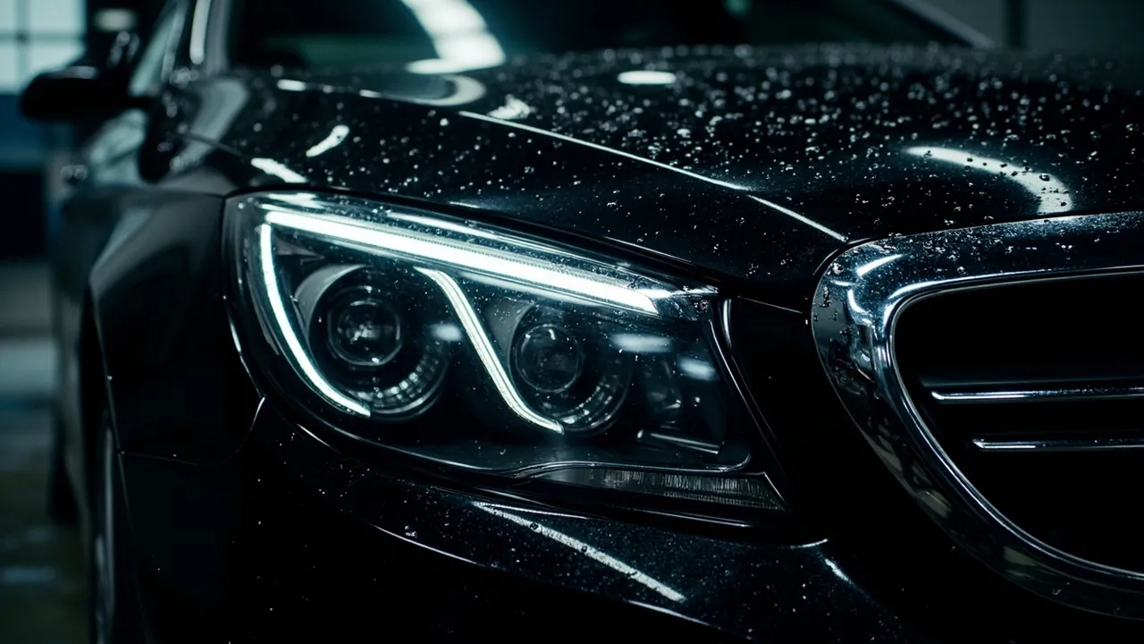 Frontpartie eines Fahrzeugs nach dem Detailing in Nahaufnahme
