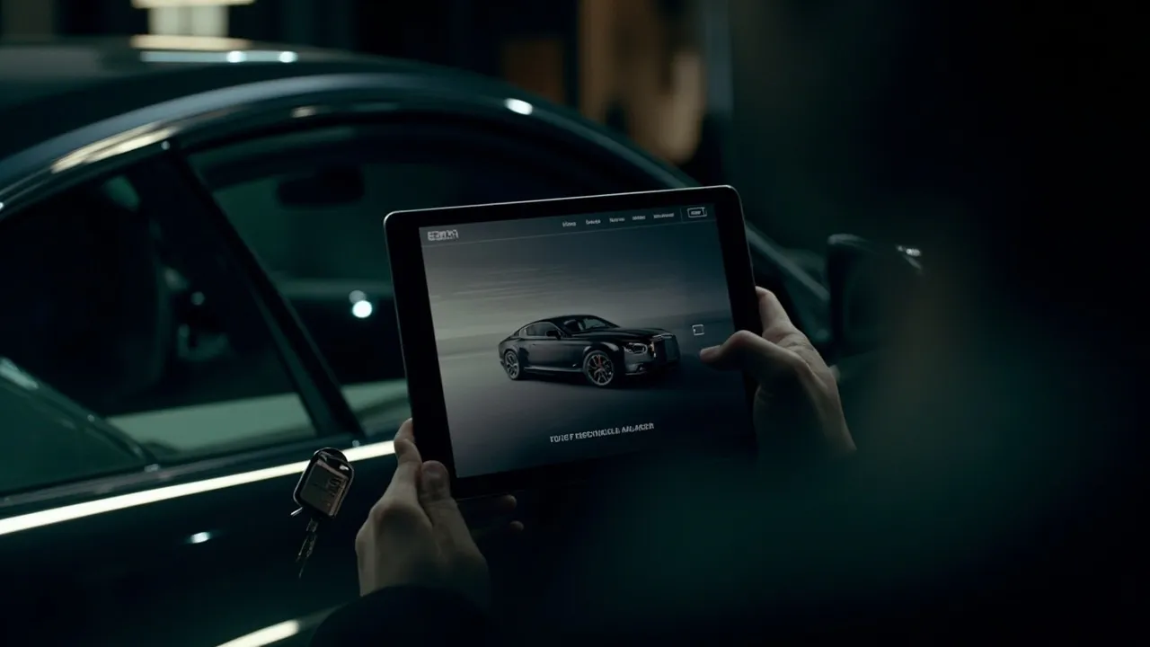 Symbolbild: ein modernes Autohaus mit glänzenden Fahrzeugen und digitalen Display-Elementen