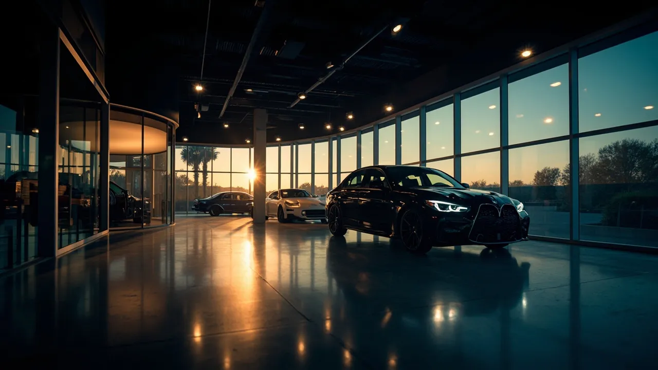 Moderner Autohaus-Showroom in stimmungsvollem Licht
