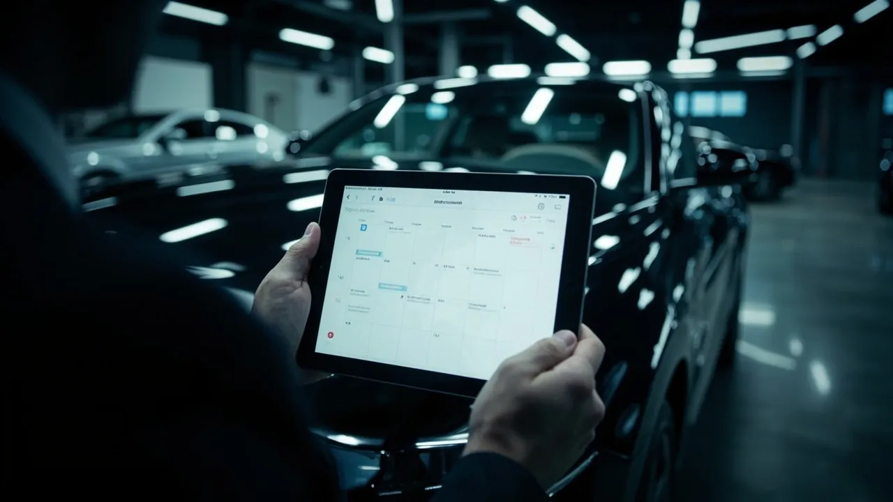 Symbolbild: ein Smartphone zeigt ein Online-Buchungsformular für einen Werkstatttermin vor einer modernen Kfz-Werkstatt